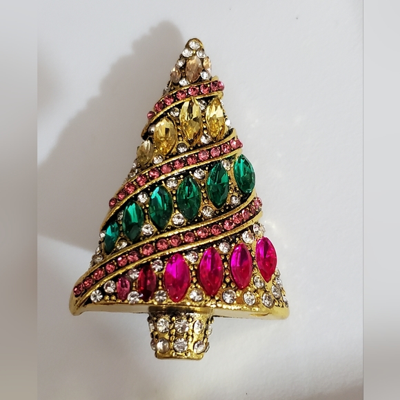 AMAZING Christmas tree brooch glass rhinestones marquis vintage style gold big - Picture 3 of 11